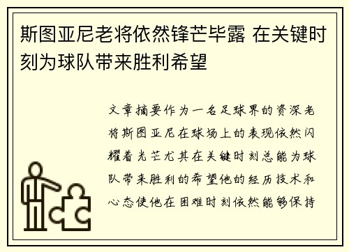 斯图亚尼老将依然锋芒毕露 在关键时刻为球队带来胜利希望 斯图亚尼老将依然锋芒毕露 在关键时刻为球队带来胜利希望